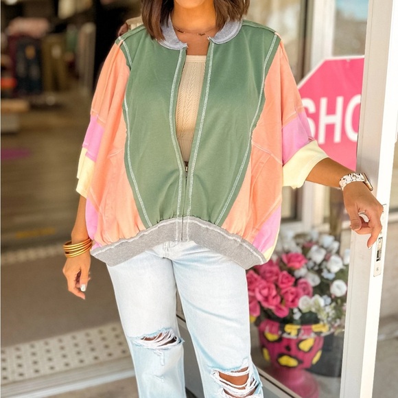 BiBi Oversized Colorblock Green Pink Yellow Orange Full Zip Jacket Women’s 1X - Picture 1 of 8